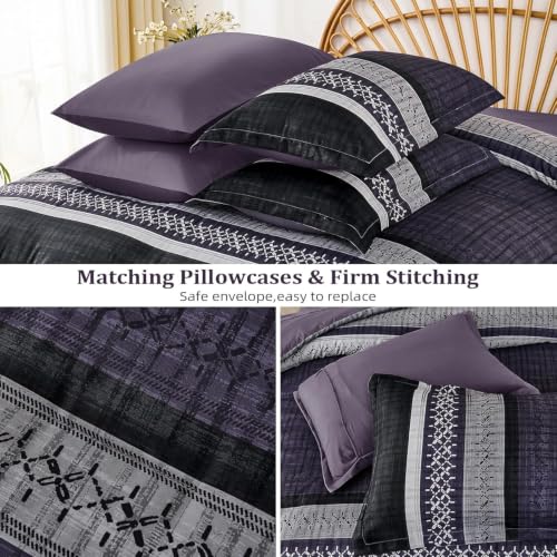Image of Dintszyayue Purple Cal King Comforter Size Set, 8 Pieces Boho Striped Texture Bed in a Bag Sets, Lightweight Soft Bohemian Comforter and Sheet Set, All Season Microfiber Bedding Sets for Men Women