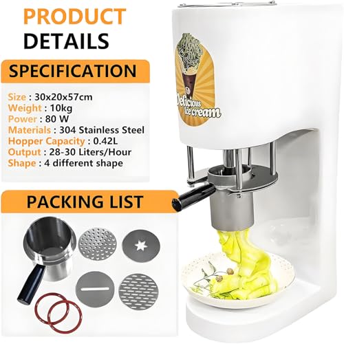 Softeis- und Eismaschine mit 4 Formen, kommerzielle Spaghetti-Eismaschine, 7,4–7,9 Gal/Std., kommerzielle Spaghetti-Eispresse, Macht EIS, Softeis, Gelato Red – Bild 6