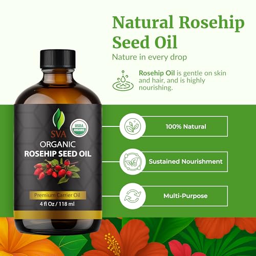 Image of SVA Organic Rosehip Seed Oil, Glass Bottle with Dropper, 4 Fl Oz (118 ml) | Rosehip Seed Oil for Face Care, Skin Care, Facial Oil, Body Massage, Hair Care, Scalp Massage, Nail Care & DIY Beauty Blends