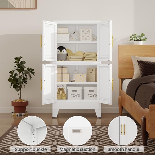 Image of 47 inch White Metal Bathroom Storage Cabinet, Kitchen Pantry Cabinet | Steel Storage Cabinet with Doors and 3 Adjustable Shelves, Bathroom cabinets Organizer, for Home Office, Bedroom