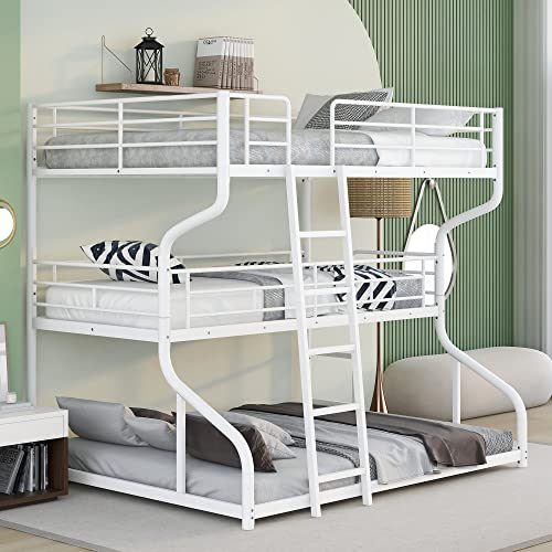 Acosure Full XL Over Twin XL Over Queen Size Triple Bunk Bed with Long and Short Ladder,Bedroom Industrial Style Metal Bed Frame W/Safety Guardrail,Slats Support,for Kids Teens Girls Boys,White