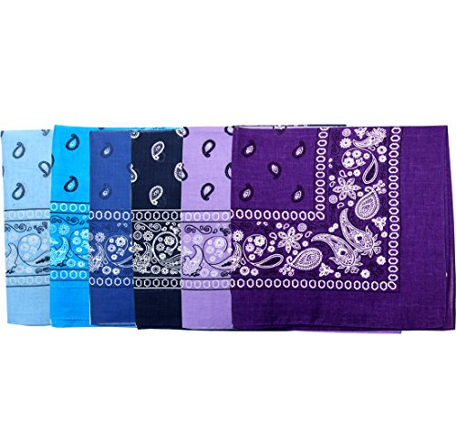 Paisley 6 piece Assorted Cotton Bandanas (SKY/TUR/ROY/NAV/LAV/PUR)