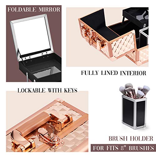 Joligrace Makeup Train Case Cosmetic Box Jewelry Organizer Professional 3 Tiers Trays with Mirror and Brush Holder Lockable Key Portable Travel - Rose Gold