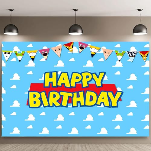 5×3 ft Toy‑Inspired Blue Sky & White Clouds Backdrop Banner – Cartoon Playtime Celebration Party Decorations for Boys & Girls
