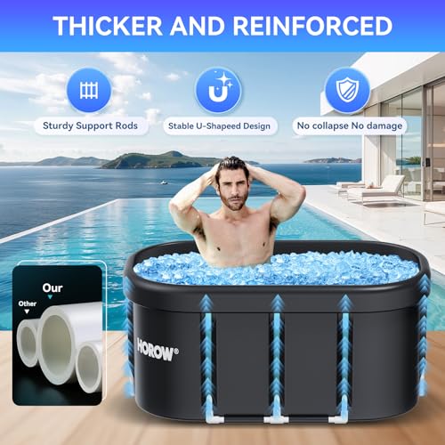 Image of HOROW XL Large Oval Ice Bath Tub for Athletes, 100 Gallons Portable Cold Plunge Tub for Recovery and Cold Water Therapy, Multiple Layered Ice Plunge Tub with Cover for Family Gardens, Gym, Outdoor Use