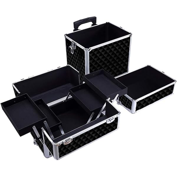 Parrucchiere beauty valigia trolley-Professional 3 in 1 cosmetica cosmetici trucco artista case removibile vassoi treno in alluminio scatola trucco (nero)