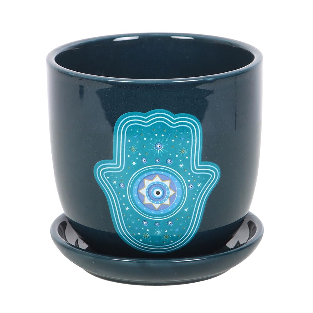 Something Different Wholesale Hamsa Hand Ceramic Planter | Indoor Pot with Saucer | Spiritual Home Decor | Mystical Blue Plant Pot | Succulent Gift