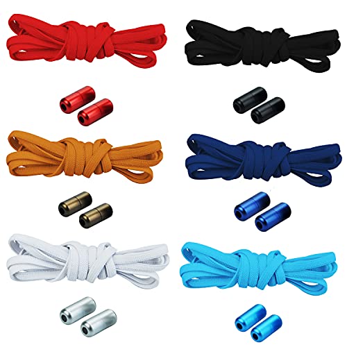 beifon 6 Paar Schnürsenkel Ohne Binden mit Schnellverschluss Elastische Schnürsenkel mit Metallkapsel Schleifenlose Schuhbänder mit Kapseln Metallverschluss Gummi Schuhband No Tie Shoelaces Bunt Flach