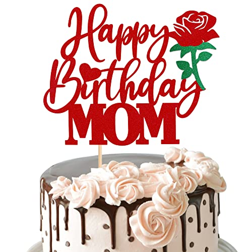 1 Pcs Happy Birthday Mom Cake Topper With Glitter Rose Flower Best Mom Love Mother Cake Pick Decorations For Happy Mother's Day Theme Women Birthday Party Supplies Red #TOP7