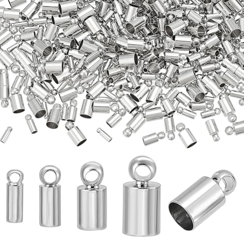 PH PandaHall 4 Sizes Cord Ends Caps 160pcs Platinum Plated Crimps Cord End Column Tassel Caps Cord Link Buckle Leather Cord End for Jewelry Making DIY Craft Necklace Bracelet Earring 6/7/8/9mm