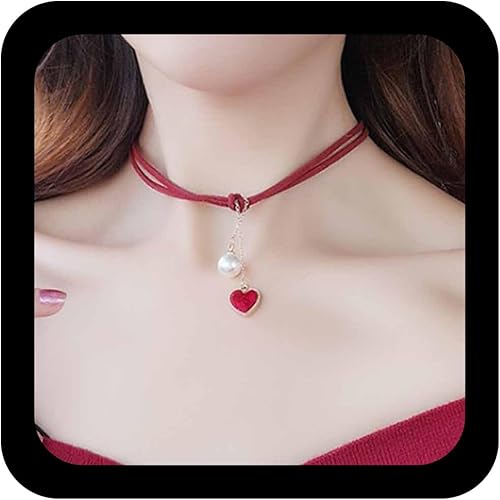 YienDoo Gargantilla gótica de terciopelo con corazón rojo, gargantilla con colgante de corazón de amor rojo, collar con colgante de perlas punk,