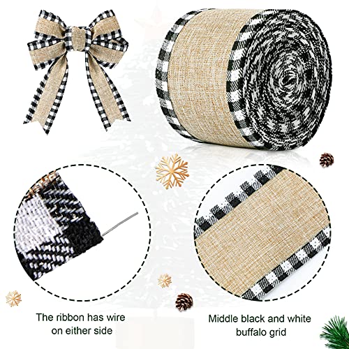 2 Rolls Christmas Buffalo Plaid Wired Edge Ribbons Christmas Tree Burlap Fabric Craft Ribbon Wrapping Ribbon With Checkered Edge, 216 Inch (Black And White,1.5 Inch Width) #TOP2