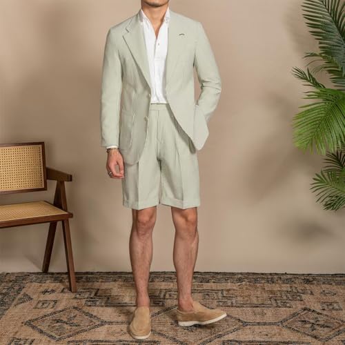 Mens Shorts Suits 2 Piece Seersucker Suit Slim Fit Two Button Blazer Short Pants Casual Set Summer Beach Wedding3