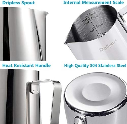 Milk Jug, Dailyart 350ML/12oz Milk Frother Jug with Art Pen, 304 Stainless Steel Barista Milk Jug for Coffee Machine, Coffee Accessories Gifts for Coffee Lovers, Milk Steaming Jug for Latte Art