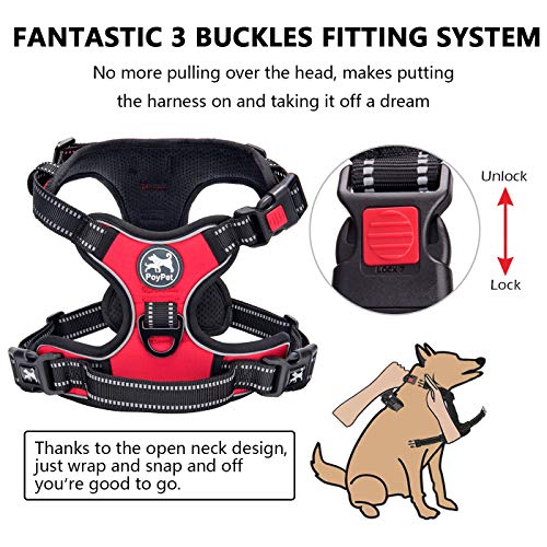 Image of PoyPet Dog Harness No Pull, Reflective Adjustable No Choke Pet Vest with Front & Back Clips, Soft Padded and Control Training Handle for Large Dogs (Red, XL)