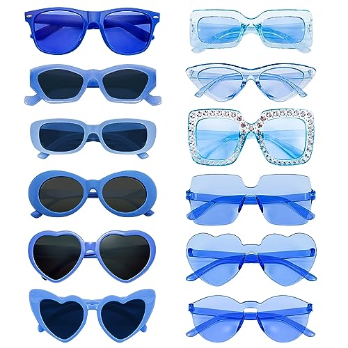 Sunovelties 12 Pack Mixed Blue Sunglasses Classic Retro Party Favors Eyewear Costume Accessories Bulk Glasses For Unisex Adult #TOP13