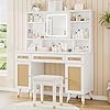 Amerlife 47in rattan makeup vanity desk with mirror and lights modern big vanity table with drawers shelves boho vanity set with rattan door cabinets for women bedroom stool included white  urban country home decor