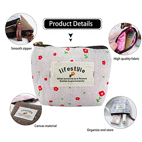 4 Pcs Small Change Purse, Canvas Mini Coin Purse Wallet Coin Pouch with Zipper, Coin Bag Small Pouches for Purse with Flower Pattern Money Pouch for Cash, Keys, Credit Card (flower)3