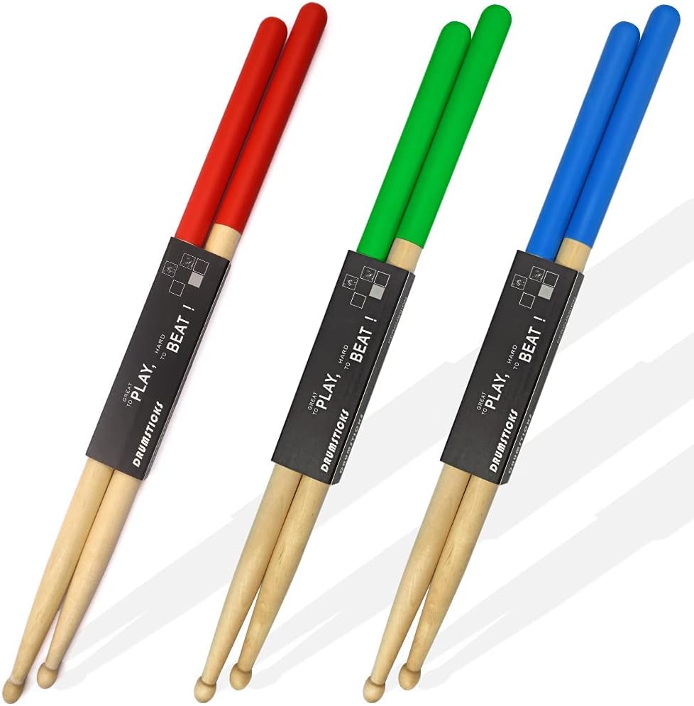 Excefore Drum Sticks Non-Slip, 3 Pair Classic Maple Wood Drumsticks, 5A Drumsticks for Adults, Kids, Students, and Beginners (Red,Blue,Green)