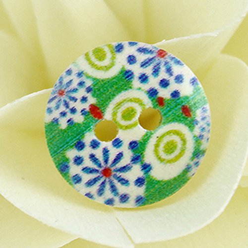 Polytree 100Pcs Sewing Wooden Buttons Round Shape Colorful Print 2 Holes #TOP2
