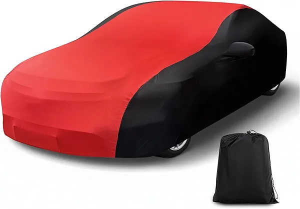 CEMOFE Indoor Car Cover, Universal Stretch Satin Windproof Dust Protection for 173-189 Inch Cars, Breathable Soft Full Cover with Storage Bag for Underground Garage, Car Show, Red & Black
