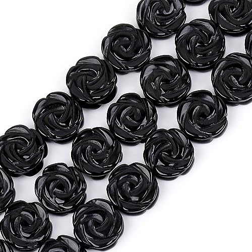 JOE FOREMAN 12Pcs 14mm Natural Black Jasper Stone Plant Rose Flower Double Side Hand Carved Gemstone Semi Precious Beads for Jewelry Making