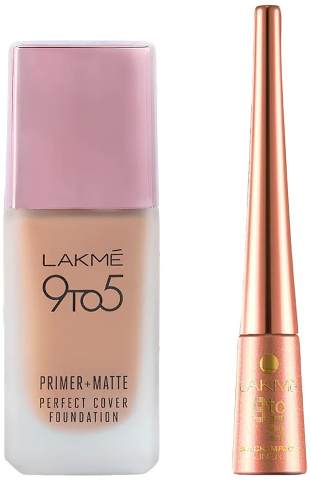 Image of Lakme 9To5 Primer + Matte Perfect Cover Foundation, W240 Warm Beige, 25 ml and Lakme 9 to 5 Impact Eye Liner, Black, 3.5ml