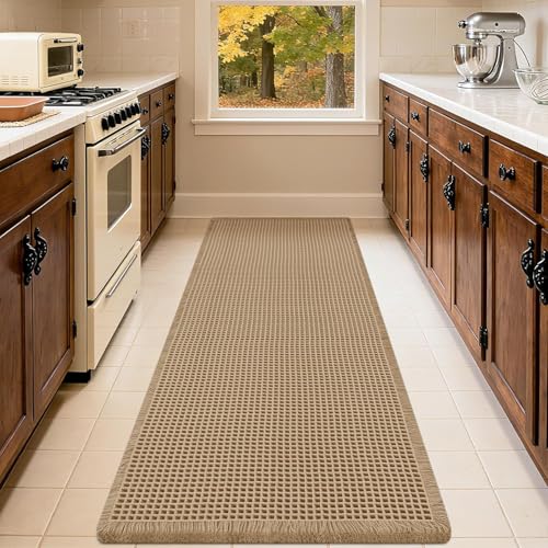 IM HOME Waffle Bath Mat White 5'x2', Boho Woven Modern Bath Mat Rugs, Absorbent Non Slip Bathroom Rugs, Soft Washable Bath Rugs with Tassels for Bathroom, Bedroom, Kitchen, Shower, Tub by IM HOME - Used condition - Image 7