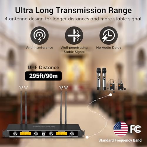 TONOR Wireless Microphone System, 4-Channel Cordless Metal Mic with Handheld/Lavalier/Headphone Microphone, Bodypack Transmitter, Receiver, 295ft Range for Singing Karaoke Church PA Speaker by TONOR - Image 2