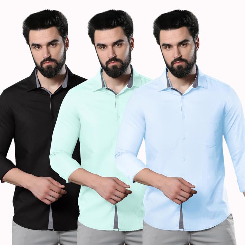 Image of Pinkmint Men's Solid Shirt | Soft Cotton Blend | Casual Shirt | Plain | Full Sleeve - Regular Fit (Combo Pack of 3 | Available in Plus Size)