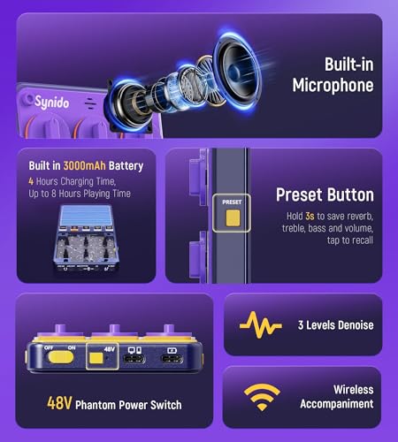Image of Synido Portable Audio Interface USB C Wireless Rechargeable Live Sound Card DJ Audio Mixer with Built-in Mic, 24bit /96kHz, 48V Phantom Power for Recording, Mobile Live Streaming, Podcasting, Outdoor