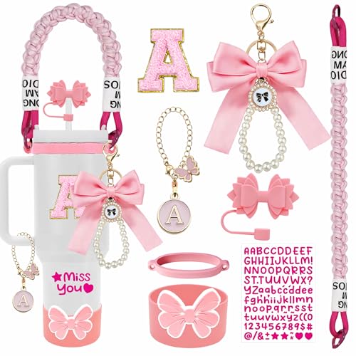 8PCS Cup Accessories Set for Owala, Stanley Quencher H2.0 30/40oz & IceFlow 20/30oz, Fits Hydro Flask 12–24oz, Letter Charms, Silicone Bow Boot & Straw Topper, Personalization Accessories (A, Pink)