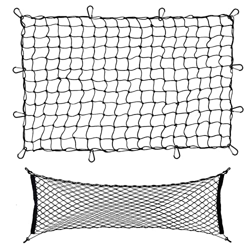 Pickup Truck Bed Cargo Net and Envelope Mesh Organizer Set - 4*6ft Stretches to 8*12ft Bungee Net & Adjustable Elastic Storage Divider with Carabiner Hooks, Automotive Accessorie Bag