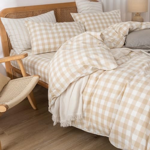 Image of BESTOUCH Gingham Cotton Duvet Cover Set Almond Grey Queen | Washed Cotton, Linen Feel, Soft Wrinkle Texture, Hidden Zipper, 8 Ties, Breathable Lightweight Durable Comfy, 3 Pcs No Insert