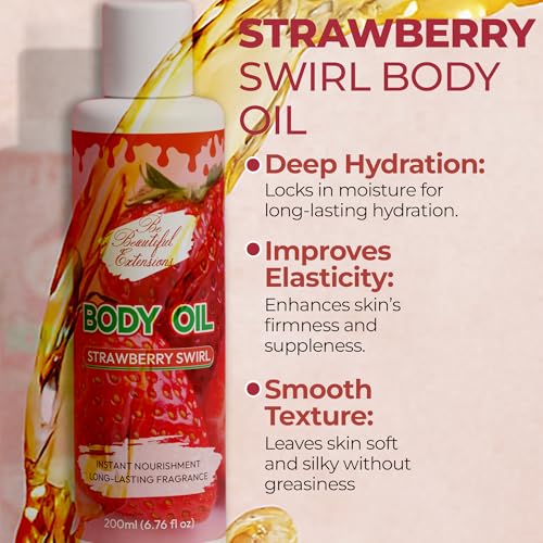 Image of Body oil designed for Deep Hydration to nourish, protect, and rejuvenate the skin while leaving it with a soft, radiant glow and a strawberry scent long -lasting fragrance, jojoba oil and more 6.76oz