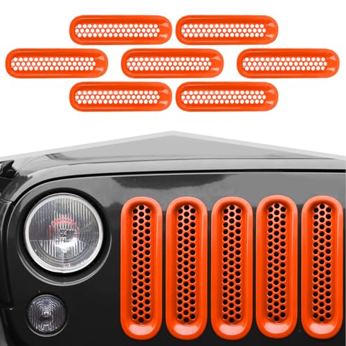 Image of Front Grille Inserts Grill Mesh Clip-on Trim Covers Exterior Accessories Compatible with Jeep Wrangler JK & JKU 2007-2017,Orange