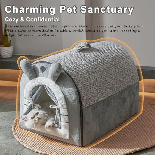 Jiupety Small Dog House Indoor, Dog Cave with Door Curtain Design, Puppy House with Reversible Washable Cushion, M Size Portable Pet Cave for Small Dogs Up to 12 Lbs, Non-Slip Bottom, Grey - Image 4