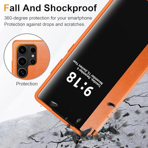 Image of Flip Case for Samsung Galaxy S25 Ultra Case S View, Frosted Translucent Window Clear View Folio Protective Phone Case, 360 Degree Full Body Shockproof Flip Cover Case for Samsung S25 Ultra 5G (Orange)