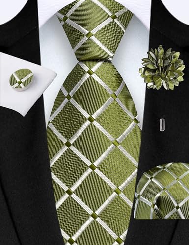 Image of GUSLESON 3.15 inch(8cm) Mens Tie and Lapel Pin Plaid Checkered Necktie Hankerchief Cufflinks Set for Men