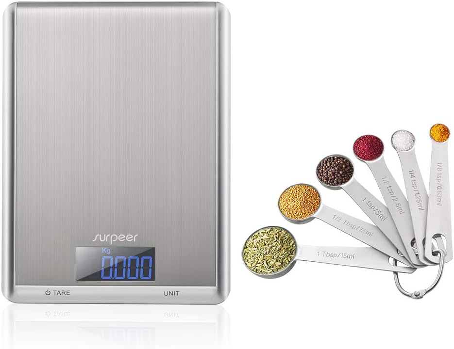 Digital Kitchen Scale/Food Scale,Multi-Function Accurate-Weight Scales,11 lb 5000g/1g,High Precision/LCD Display/Waterproof/Stainless Steel/Batteries,Gift of 6 Stainless Steel Measuring Spoon Set