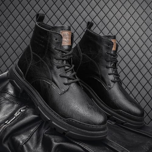 Image of Men's Leather Lace Up Motorcycle Combat Boots Retro Round Toe lug sole Chukka Ankle Boots Casual Waterproof Oxford Dress Work Boot