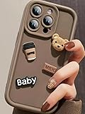 Cute Phone Case with 3D Accessories, Coffee Cup, Teddy Bear, Milk Carton, Brown