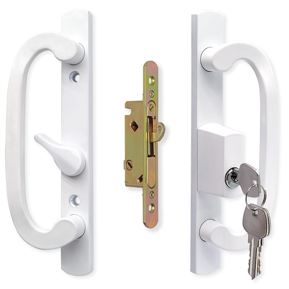 Allywasai White Patio Sliding Door Handle Set With Mortise Lock, Key Cylinder And Keeper, Replacement Handle Lock Set Fits Door Thickness From 1-1/2" To 2-1/4", 3-15/16" Screw Hole Spacing, Keyed,