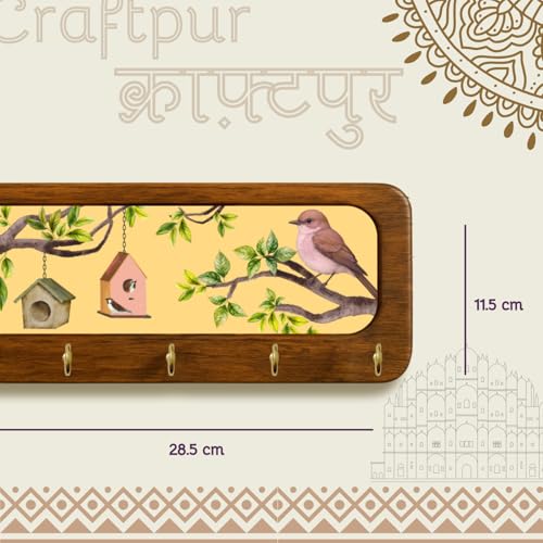Image of Stylish Wooden Key Holder for Wall | Cute Key Holder for Home Decor | Key Holder Stand with 5 Hooks | Wall Mounted Key Hanger| (Bird Yellow Keyholder)
