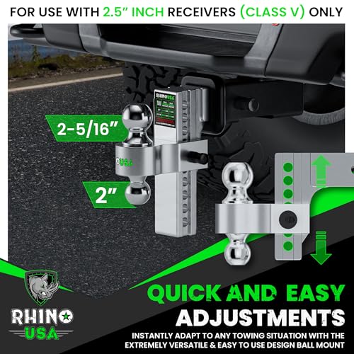 Image of Rhino USA Adjustable Trailer Hitch (Fits 2.5-Inch Receiver) Heavy Duty Aluminum Tow Hitches with 10-Inch Drop /Rise for Truck (18,500 LBS GTW) Weatherproof Double Anti-Theft Locking Hitch Pins (Silver)