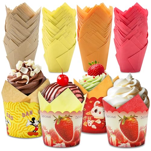 Leyrens Moldes magdalenas papel, 200 piezas tulipán moldes de papel para hornear, decora de forma rápida y sencilla todo tipo de creaciones, para fiestas, bodas, fiestas de cumpleaos