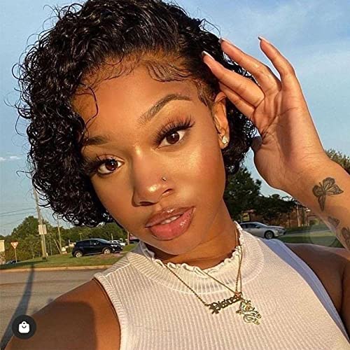 Short Curly Lace Front Wigs 13x1 Lace Frontal Wigs Human Hair Pixie Cut Curly Lace Wigs for Black Women Human Hair Curly Bob Lace Front Wig Human Hair (5 inch, 1B Frontal Lace)