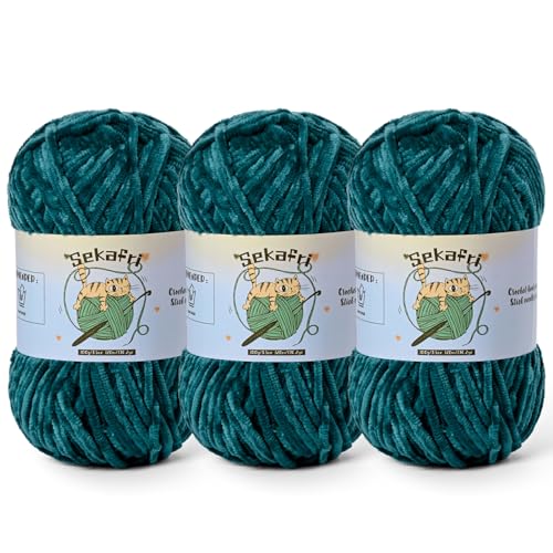 Image of 3 Pack of 300g (590yds) Fuzzy Chenille Yarn for Crocheting,Fluffy Amigurumi Crochet Yarn for DIY Craft /Hat /Clothes, Soft Velvet Baby Blanket Yarns(3 Sapphire Blue)