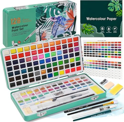 Water Colors Paint Set Travel Watercolor Painting Set with Metal Case Watercolor Painting Set Includes Brushes Palette 8 Sheets of Watercolor Paper Suitable for Beginners Artists (128 colors)