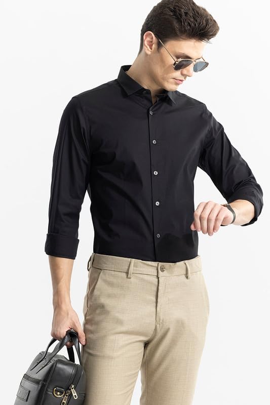 Image of SNITCH Men's Plain Shirts Formal Wear Streetwear Style | Cotton Spread Full Sleeve Slim Fit Black